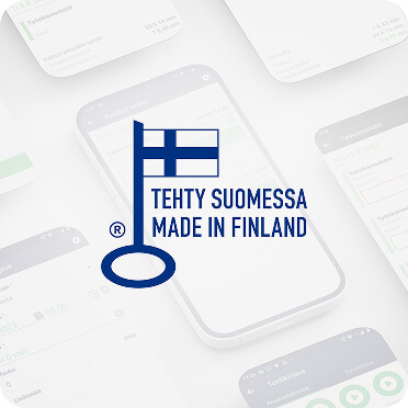 Tehty Suomessa -merkki Maxtechin mobiilisovelluksen näkymien päällä.